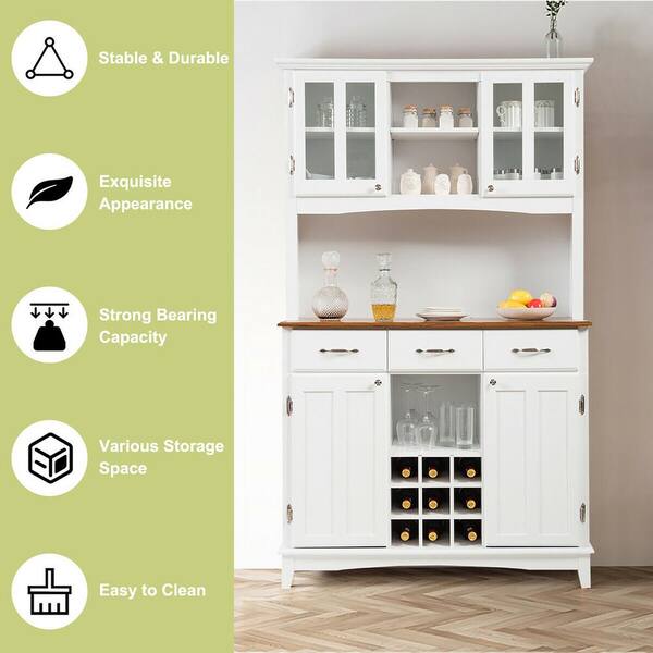 HOMCOM 73 Kitchen Pantry, Buffet with Hutch, Cupboard for Microwave, with 4 Door Cabinets, and 6-Bottle Wine Rack - White