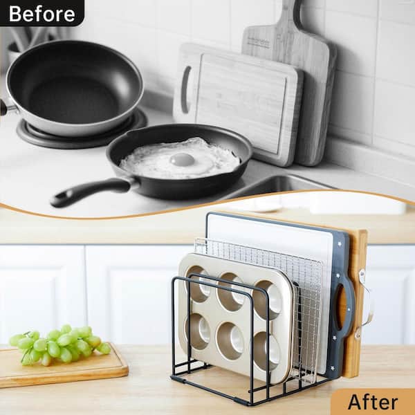 Black Metal Kitchen Cabinet Organizer Rack with 5 Slots for Cutting Boards, Baking Trays, Pans, Cookie Sheets 1pcs