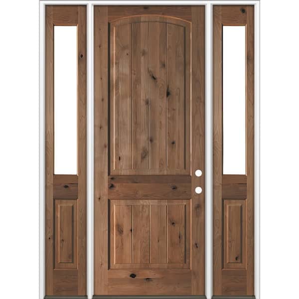 70 in. x 96 in. Knotty Alder Arch Top Left-Hand/Inswing Clear Glass BEHR True Black Stain Wood Prehung Front Door w DHSL