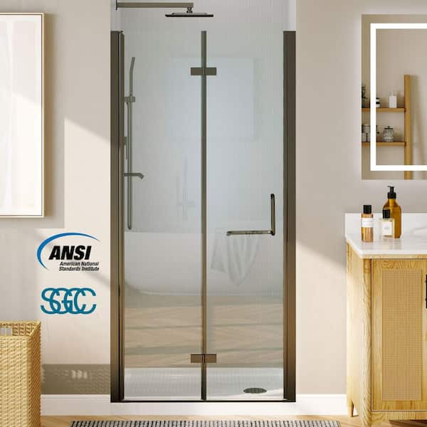 36 to 37-1/4 in. W x 72 in. H Bi-Fold Frameless Shower Doors in Black with Clear Glass