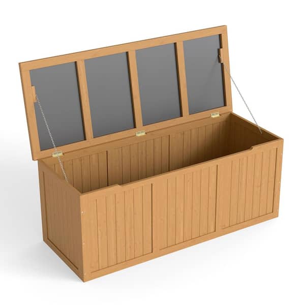 112 Gal. Outdoor Deck Box Solid Wood Storage Box Seat & Table Top for Patio Furniture Cushions, Pool Toys & Garden Tools