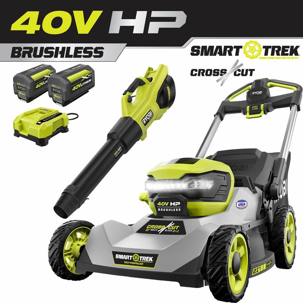 RYOBI 40V HP Brushless 21 in. Cordless Battery Walk Behind Dual-Blade Self-Propelled Mower & Blower - (2) Batteries & Charger -  RY401150US-2X
