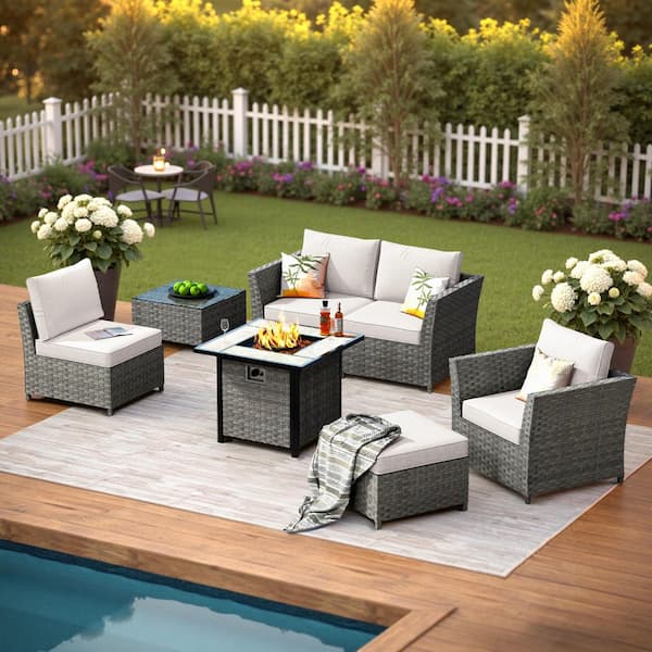 OVIOS Bexley Gray 7-Piece Wicker Fire Pit Patio Conversation Seating Set with Fine-Stripe Beige Cushions