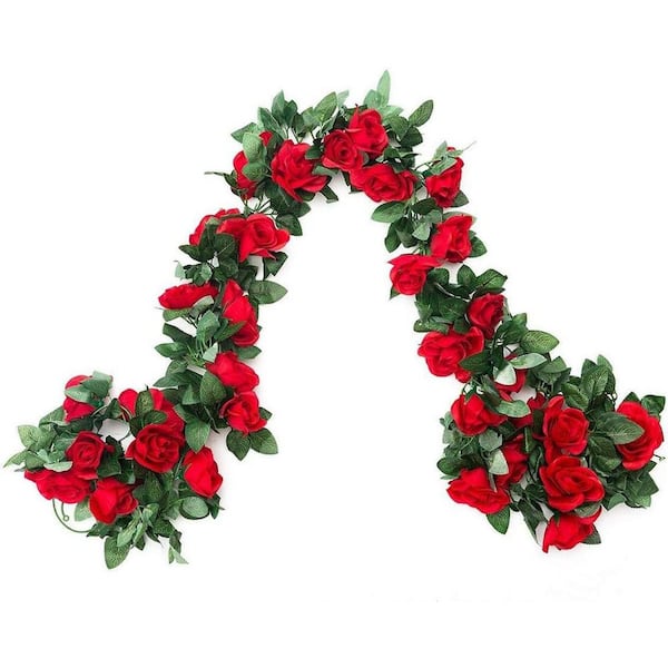 Unbranded 128 in. Red Indoor/Outdoor Artificial Rose Vine Flowers 2-Pack 16 ft.