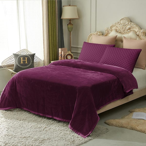 JML Purple Reversible Microfiber Fleece Blanket 87 in. x 95 in. Fuzzy Cozy Bed Blanket for Couch Camping