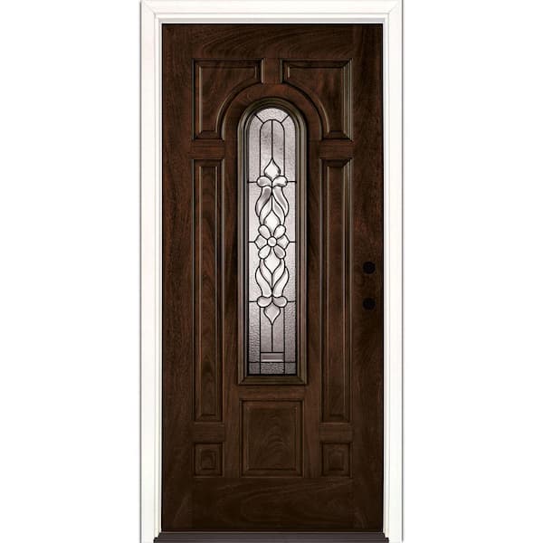 Feather River Doors 37.5 in. x 81.625 in. Lakewood Patina Center Arch Lite Stained Chestnut Mahogany Left-Hand Fiberglass Prehung Front Door
