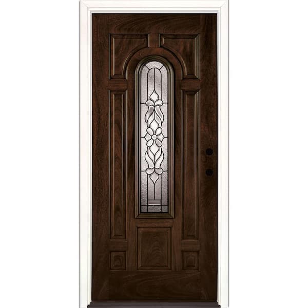 37.5 in. x 81.625 in. Lakewood Patina Center Arch Lite Stained Chestnut Mahogany Left-Hand Fiberglass Prehung Front Door
