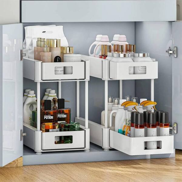 Aoibox White 2 Tier Under Sink Organizers and Storage for Bathroom; 2 Tier Pull Out Cabinet Organizer for Kitchen, Bathroom