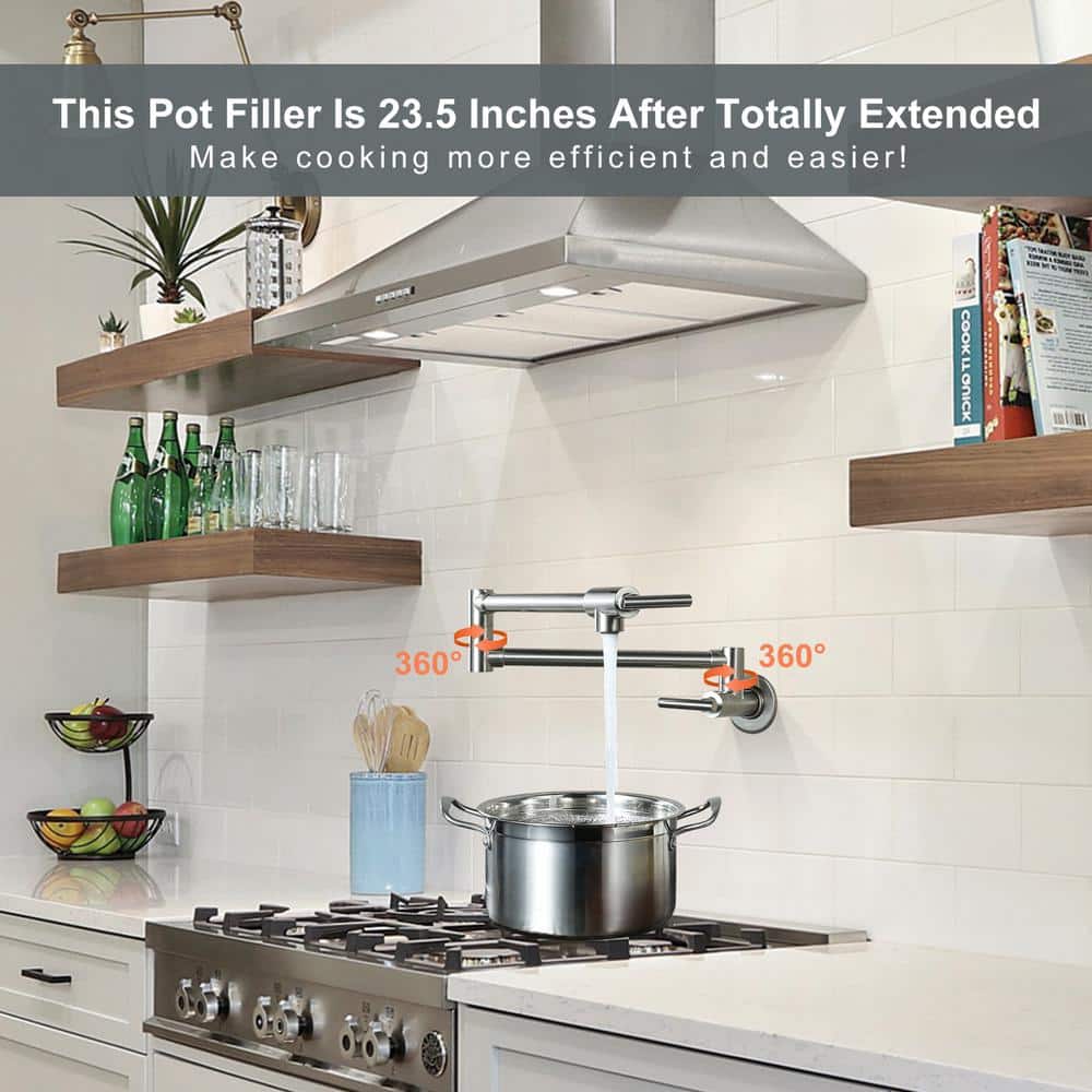 Brushed Nickel Wall Mount Double Handle Pot Filler Faucet