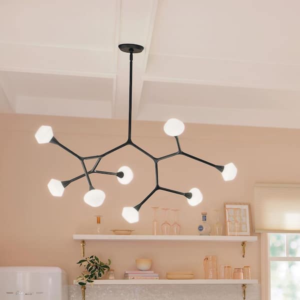 Cassius 52.5 in. 8-Light Black Soft Modern Dining Room Convertible Chandelier with Opal Glass