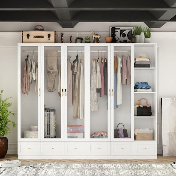 FUFU&GAGA White Wood 94.4 in. W Glass Doors Armoires Wardrobe with Hanging Rods, Drawers, Open Shelves 78.7 in. H x 19.7 in. D