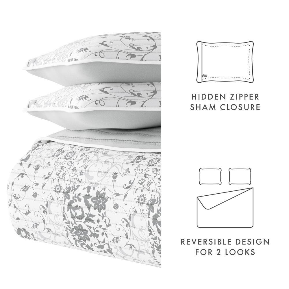 Light Gray Twin Reversible Microfiber Quilt Set with Shams