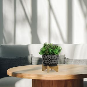 7 in. Black Ceramic Planter with Wooden Stand