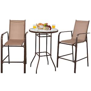 3-Pieces Patio Bar Set Outdoor Bistro Set 2 Stools, 1 Tempered Glass Table Brown