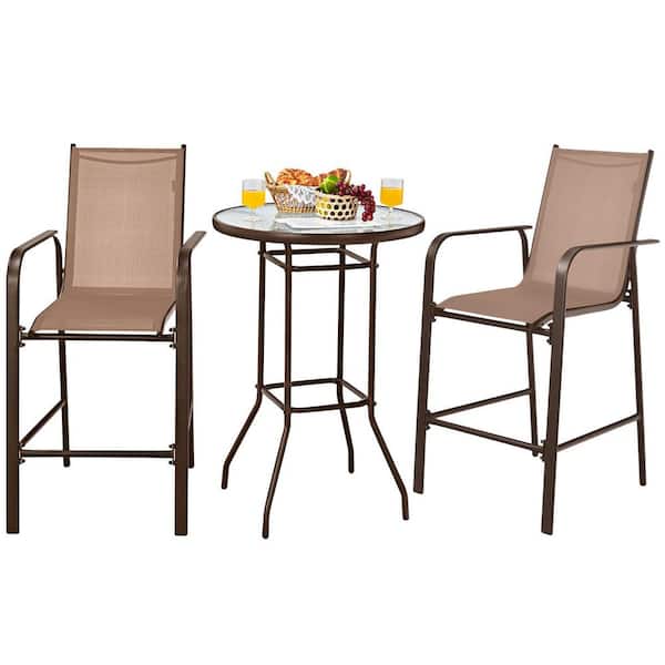 Gymax 3-Pieces Patio Bar Set Outdoor Bistro Set 2 Stools, 1 Tempered Glass Table Brown