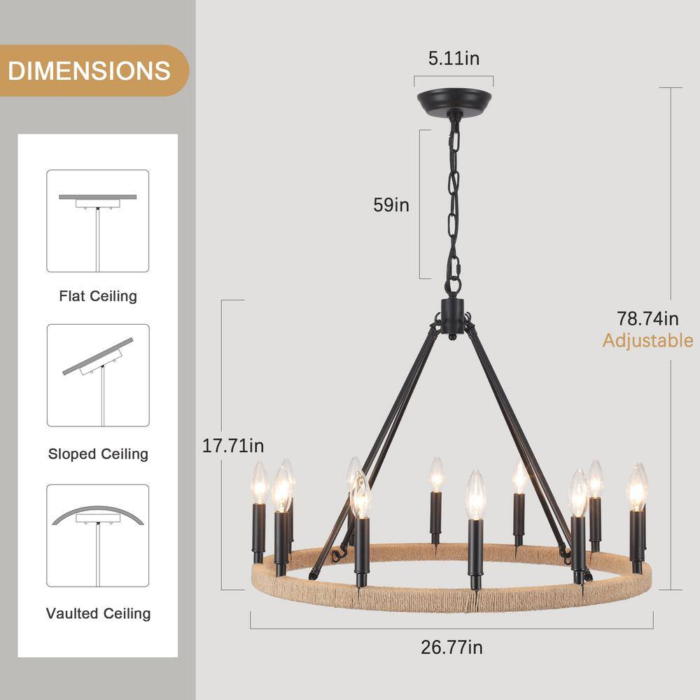 Matte Black 12-Light Candle Wagon Wheel Chandelier