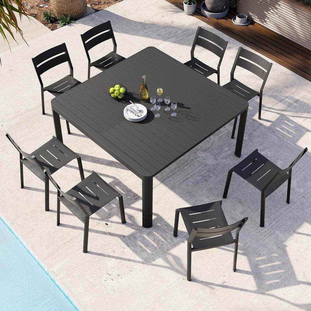 9-Piece Metal Outdoor Dining Set All-Aluminum Extendable Table and 8-Aluminum Armless Chairs with Adjustable Feet Knobs