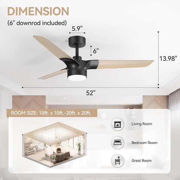 52 in. Black Covered Outdoor Downrod Mount Standard Ceiling Fan with Black/Wood Plywood Blades, LED and Remote Included
