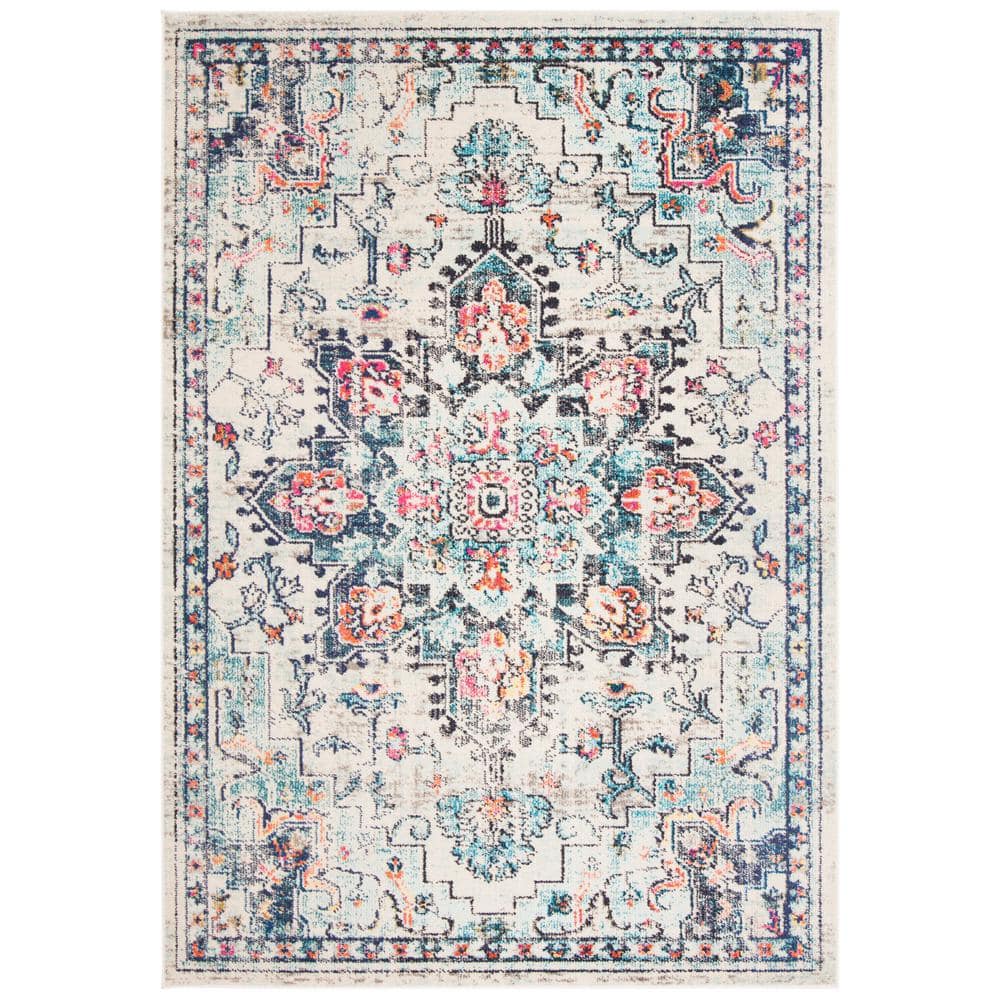 Handmade Cream and Blue Round Synthetic Rug