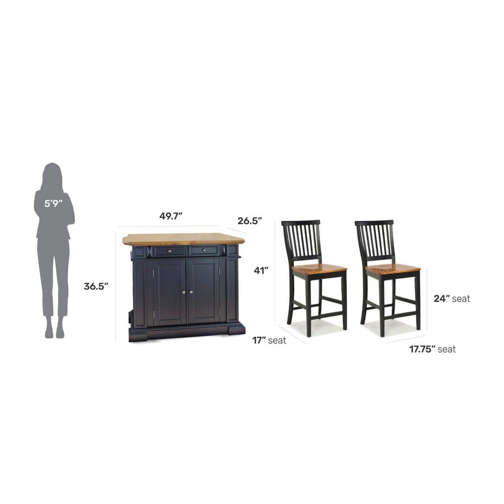 Black and Oak Wood Kitchen Island Set with Stools