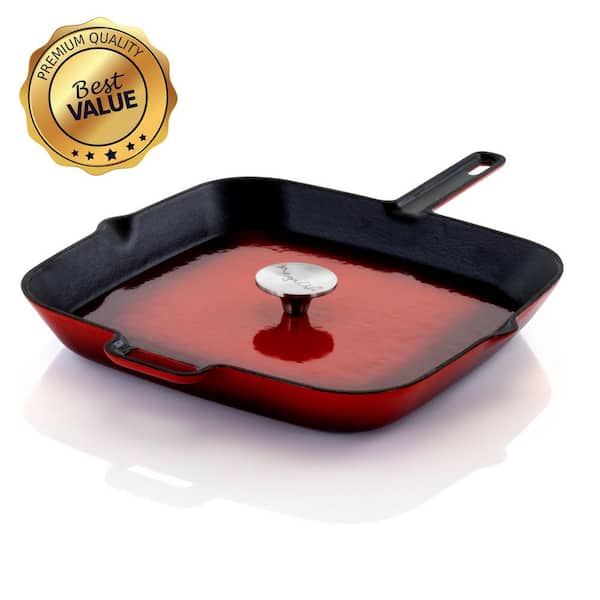 MegaChef 11 in. Cast Iron Nonstick Grill Pan in Red