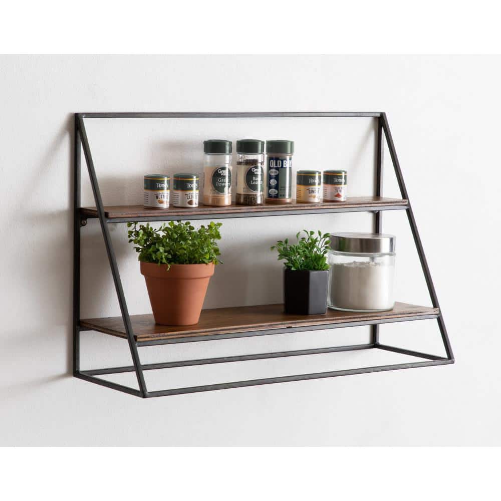 Rustic Black Metal and Wood Two-Tier Wall Shelf