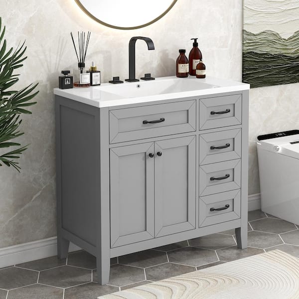 Espoir 36 in. W x 18.03 in. D x 36 in. H Freestanding Bath Vanity in Gray with White Ceramic Top with Sink