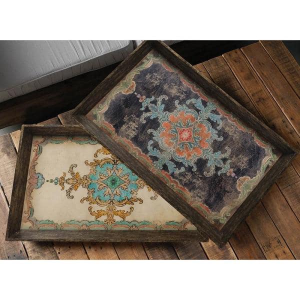Antique Painted Wooden Serving Trays Set in Multicolor