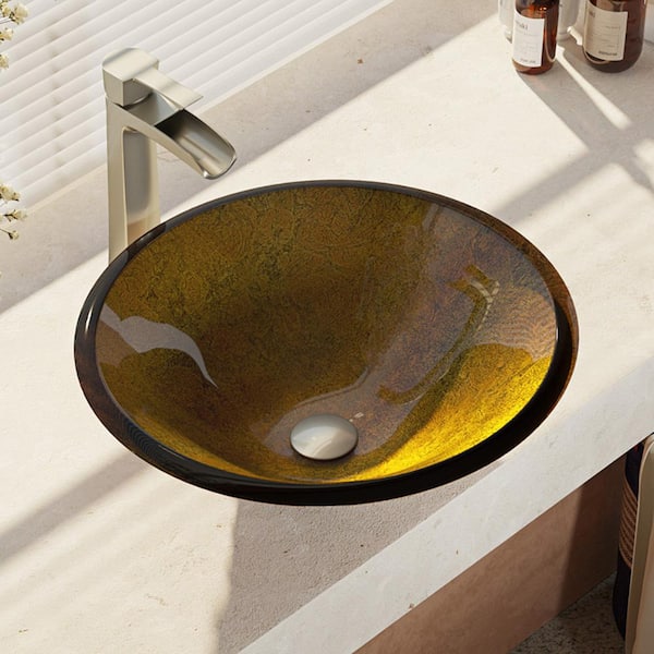 Rene Glass Vessel Sink in Orange Gold Foil with R9-7007 Faucet and Pop-Up Drain in Brushed Nickel