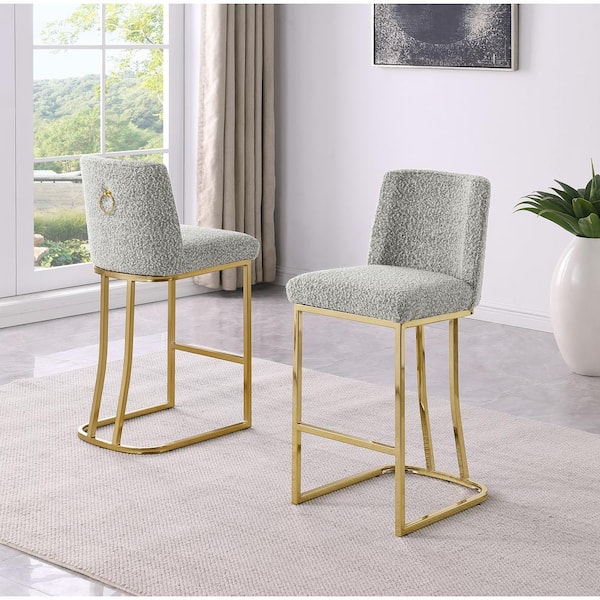 Best Quality Furniture Owen Rich Grey Boucle Fabric Bar Stool (Set of 2) With Gold Chrome Legs