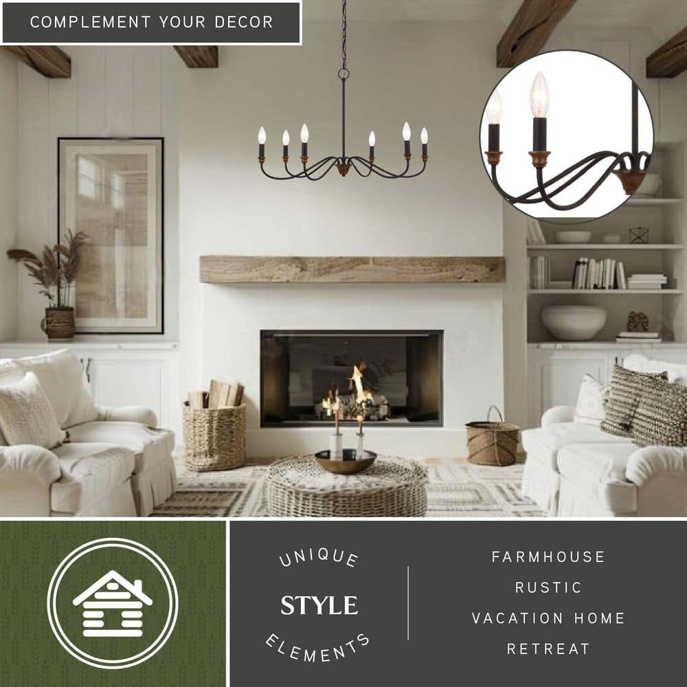Annabelle 30" Matte Black & Brushed Walnut 6-Light Chandelier