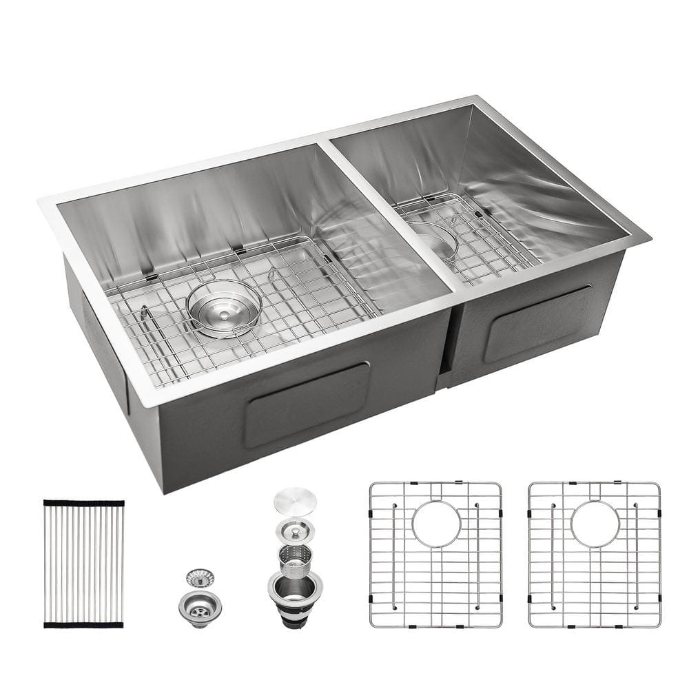 33 in. Undermount Double Bowl (60/40) 18 Gauge Brushed Nickel Stainless Steel Kitchen Sink with Drying Rack -  EPOWP, LX-KS-42-1