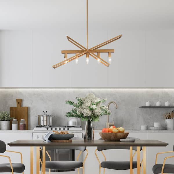 Geometric Gold Chandelier, Modern 5-Light Brushed Deep Gold Island Farmhouse Chandelier Ceiling Light with Candle Style