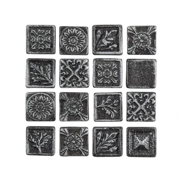 Merola Tile Baroque Square Pewter 1 in. x 1 in. Metallic Resin Wall Medallion Tile (16-Pack)