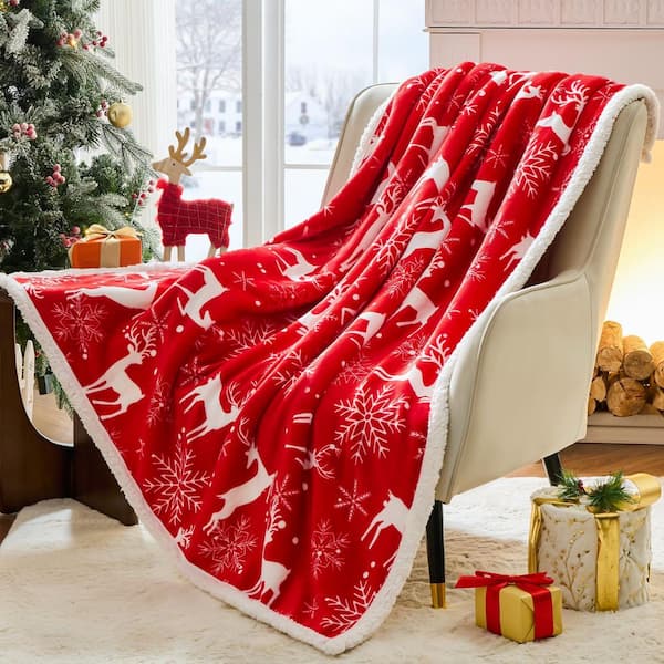 Festive Flannel Sherpa Reversible Christmas Holiday Throw Blanket with Cozy Reindeer Snowflake Print for Couch Bed Decor