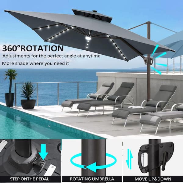 10 ft. x 13 ft. Heavy Duty Cantilever Tiltable 360° Rotation Solar LED Lighted Patio Umbrella in Gray and Umbrella Base