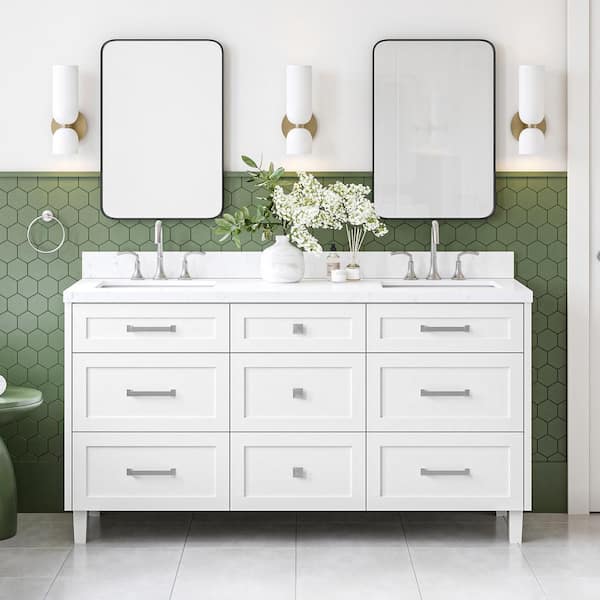 ARIEL Monroe 66 in. W x 22 in. D x 36 in. H Double Rectangle Sink Bath Vanity in White with Carrara White Quartz Top
