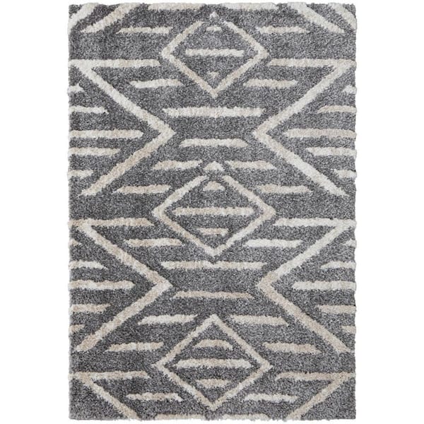 HomeRoots 2 ft. x 8 ft. Gray, Ivory Geometric Area Rug