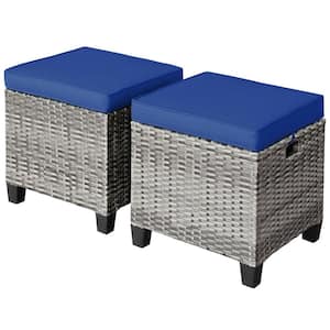 Patio Rattan Wicker Outdoor Ottoman Seat with Removable Navy Cushions (2-Pack)