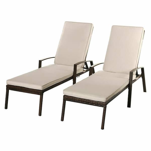 Costway Adjustable Rattan Chaise Recliner Patio Lounge Chair with White Cushions (2-Piece)
