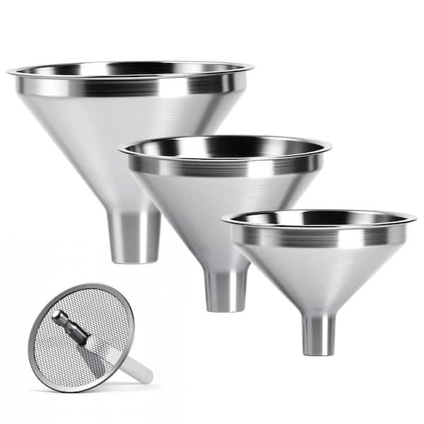4-Piece Stainless Steel Kitchen Funnel Set for Transferring Seasonings, Oils, Liquids, Dry Goods and Powders