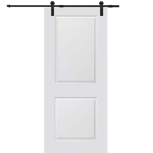 MMI Door 32 in. x 84 in. Smooth Carrara Primed Molded MDF Sliding Barn Door with Black Hardware Kit