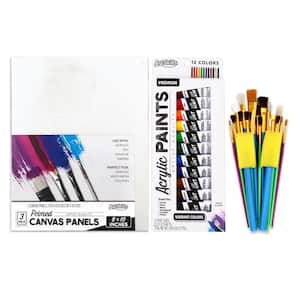 Beginner Painting Art Kit with 3 Canvas Panels, 12 Acrylic Paint Tubes and 25 Paint Brushes