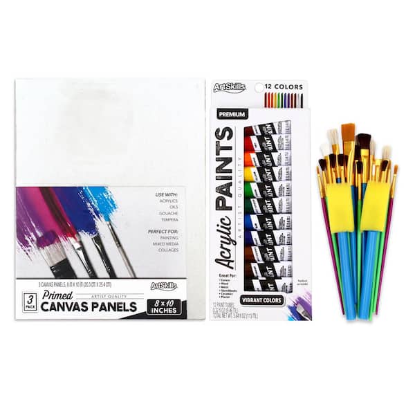 ArtSkills Beginner Painting Art Kit with 3 Canvas Panels, 12 Acrylic Paint Tubes and 25 Paint Brushes