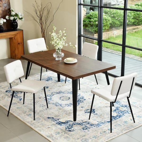 Homy Casa SP 5-Piece Mid-Century Modern Dining Set with Walnut Wood Top Table and Sand Beige Fabric Upholstered Chairs (Seats 4)