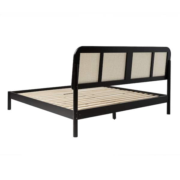 Modern Wood Frame King Platform Bed with Rattan Headboard - Thumbnail 3