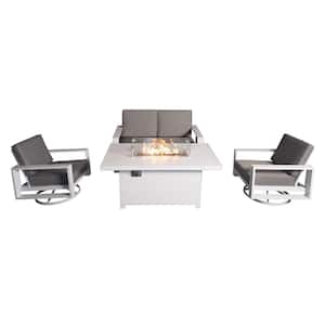 Aluminum Patio Conversation Set with Gray Cushion, White 55.12 in. Fire Pit Table Sofa Set - 2 Swivel+Loveseat