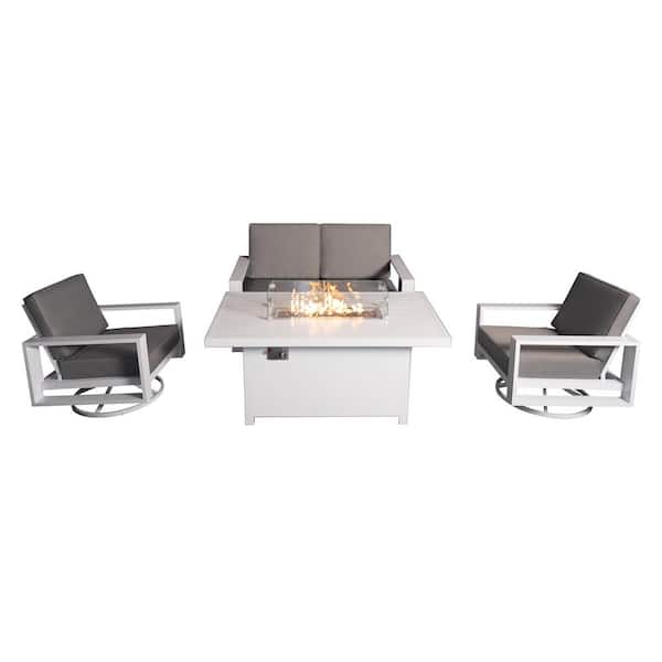 PATIOPTION Aluminum Patio Conversation Set with Gray Cushion, White 55.12 in. Fire Pit Table Sofa Set - 2 Swivel+Loveseat