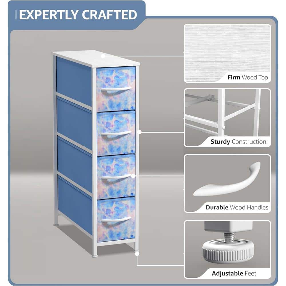 Narrow Blue and Tie-Dye Steel 4-Drawer Storage Tower