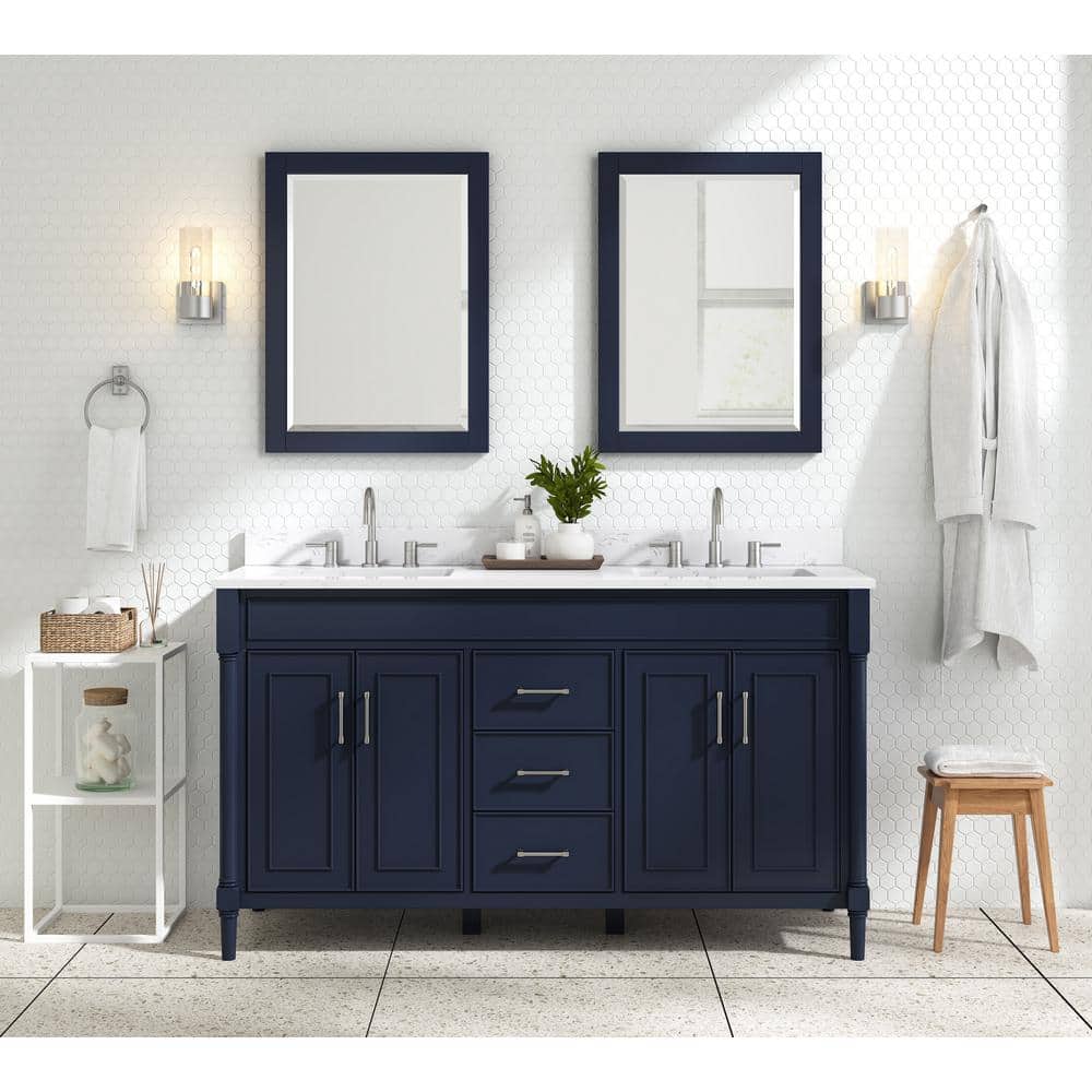 Navy Blue 60" Double Bathroom Vanity Base with Brushed Nickel Hardware